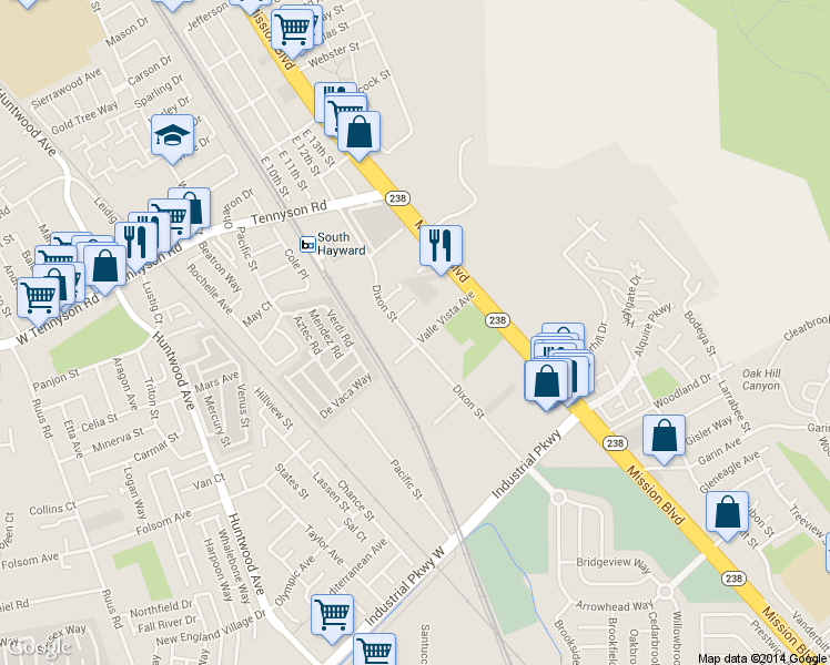 map of restaurants, bars, coffee shops, grocery stores, and more near 29192 Dixon Street in Hayward