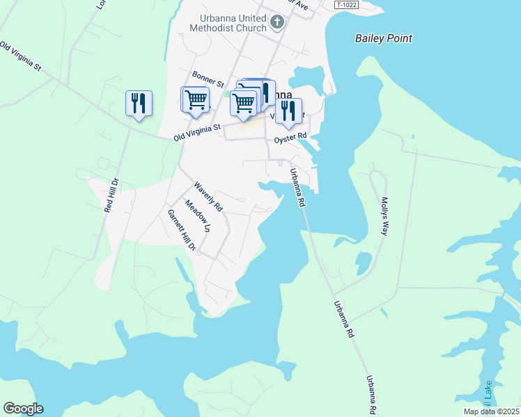 map of restaurants, bars, coffee shops, grocery stores, and more near 95 Nimcock Road in Urbanna