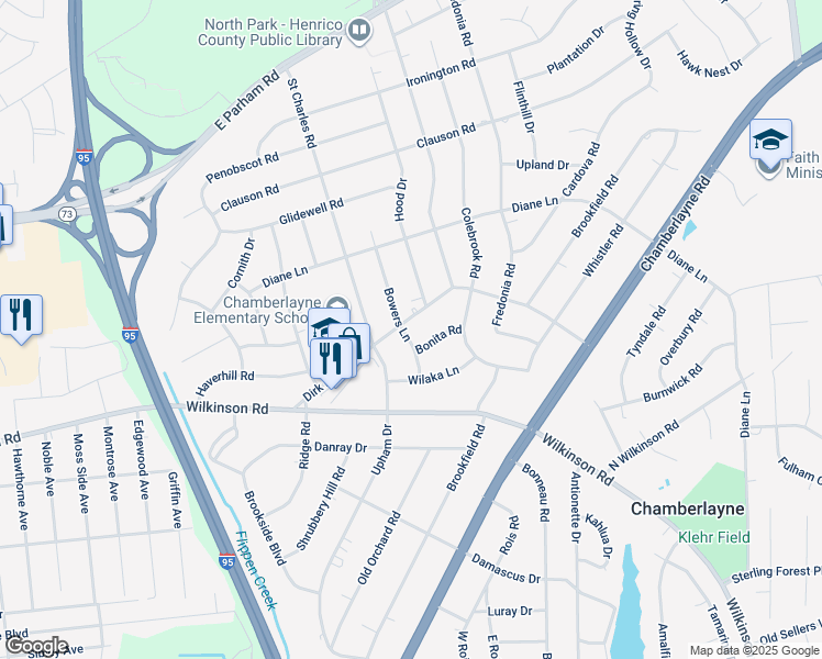 map of restaurants, bars, coffee shops, grocery stores, and more near 913 Dirk Drive in Richmond