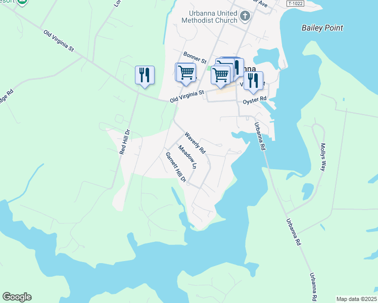 map of restaurants, bars, coffee shops, grocery stores, and more near 71 Meadow Lane in Urbanna