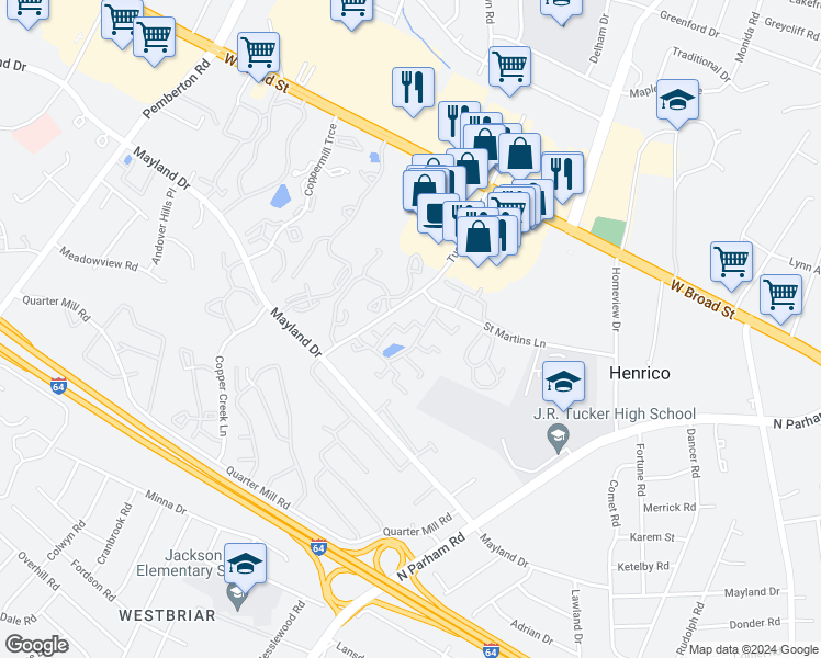 map of restaurants, bars, coffee shops, grocery stores, and more near 2337 Harpoon Court in Richmond