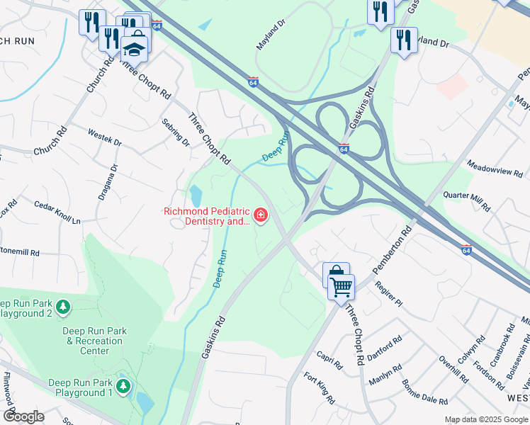 map of restaurants, bars, coffee shops, grocery stores, and more near 10211 Three Chopt Road in Richmond