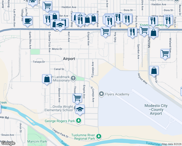 map of restaurants, bars, coffee shops, grocery stores, and more near 429 South Conejo Avenue in Modesto