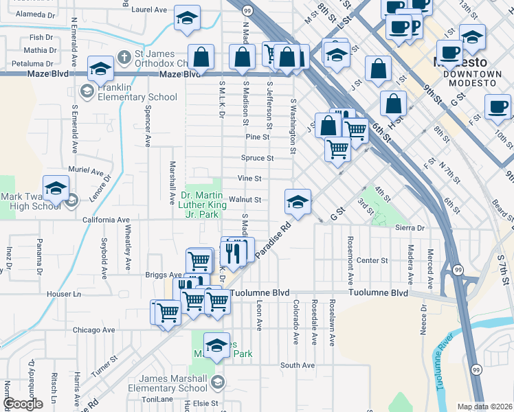 map of restaurants, bars, coffee shops, grocery stores, and more near 209 Walnut Street in Modesto