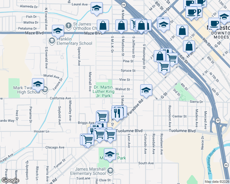 map of restaurants, bars, coffee shops, grocery stores, and more near 313 Walnut Street in Modesto