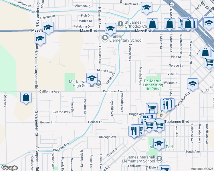 map of restaurants, bars, coffee shops, grocery stores, and more near 640 Lenore Drive in Modesto