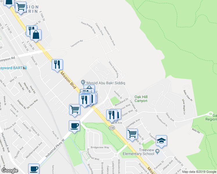 map of restaurants, bars, coffee shops, grocery stores, and more near 675 Alquire Parkway in Hayward
