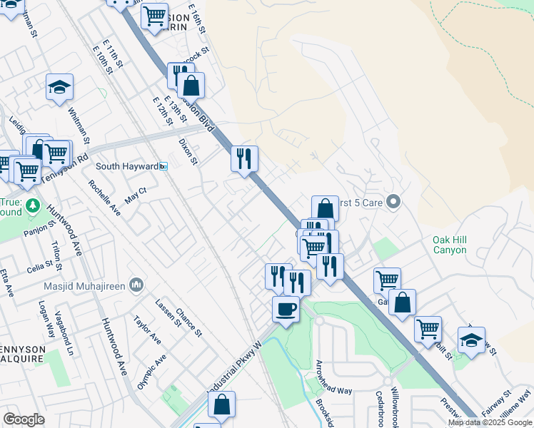 map of restaurants, bars, coffee shops, grocery stores, and more near 29335 Mission Boulevard in Hayward