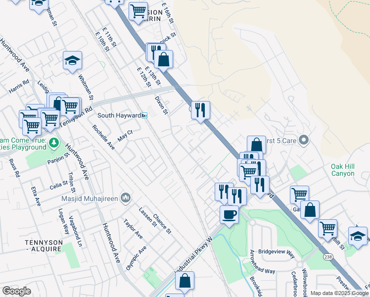 map of restaurants, bars, coffee shops, grocery stores, and more near 29192 Dixon Street in Hayward