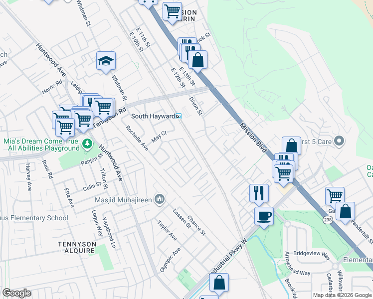 map of restaurants, bars, coffee shops, grocery stores, and more near 29104 Mendez Road in Hayward