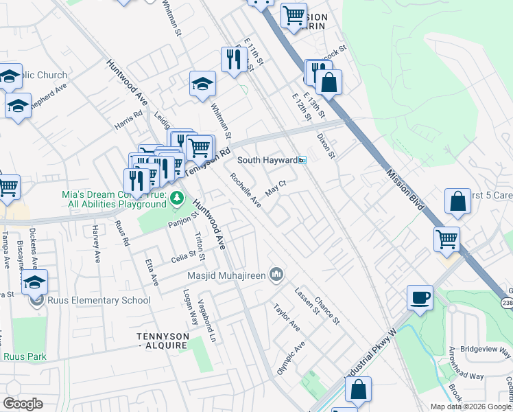 map of restaurants, bars, coffee shops, grocery stores, and more near 28756 Rochelle Avenue in Hayward