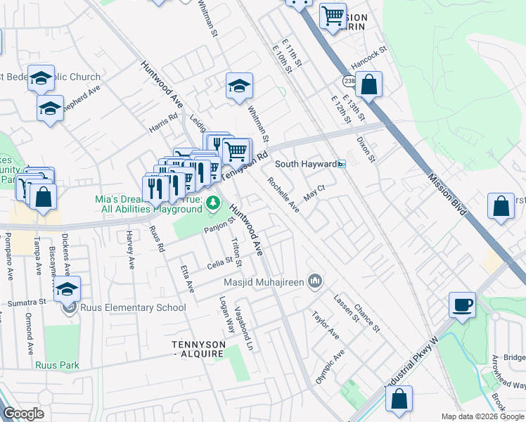 map of restaurants, bars, coffee shops, grocery stores, and more near 8 Raintree Court in Hayward
