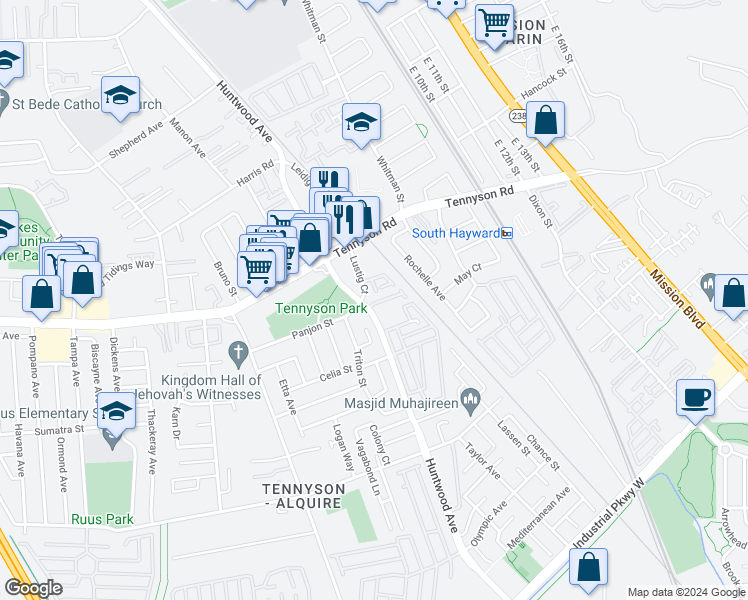 map of restaurants, bars, coffee shops, grocery stores, and more near 8 Raintree Court in Hayward