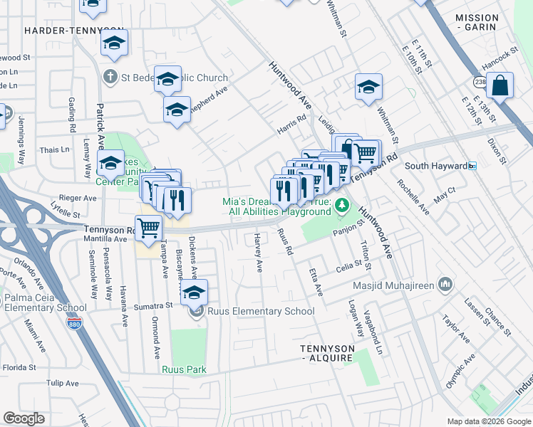 map of restaurants, bars, coffee shops, grocery stores, and more near 781 West Tennyson Road in Hayward