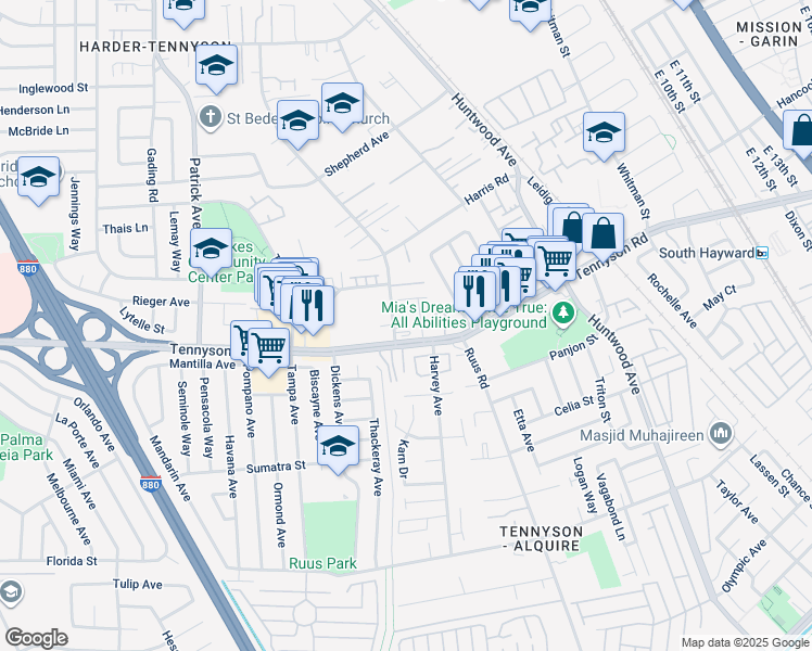 map of restaurants, bars, coffee shops, grocery stores, and more near 27750 Tyrrell Avenue in Hayward