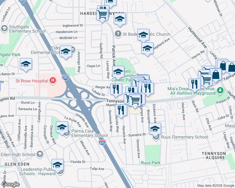 map of restaurants, bars, coffee shops, grocery stores, and more near 27474 Patrick Avenue in Hayward