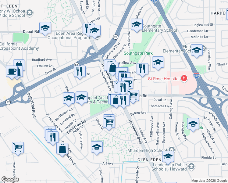 map of restaurants, bars, coffee shops, grocery stores, and more near 26975 Lauderdale Avenue in Hayward
