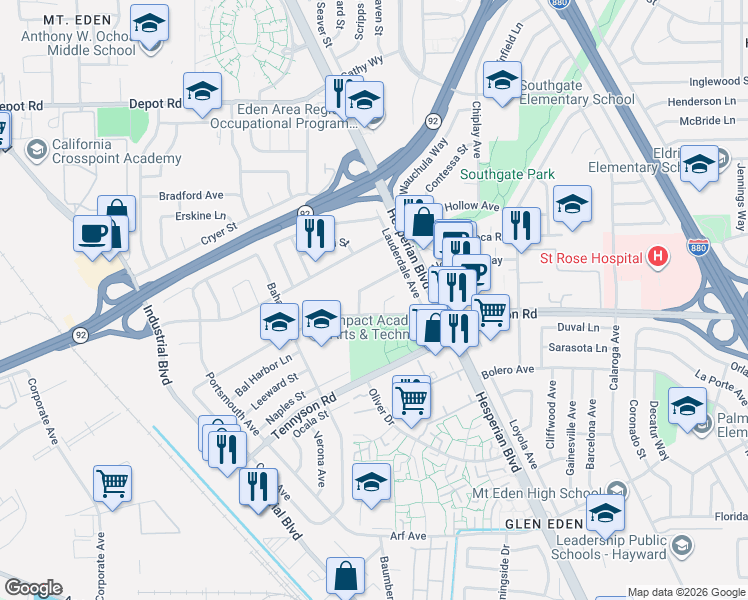 map of restaurants, bars, coffee shops, grocery stores, and more near 26985 Creole Place in Hayward