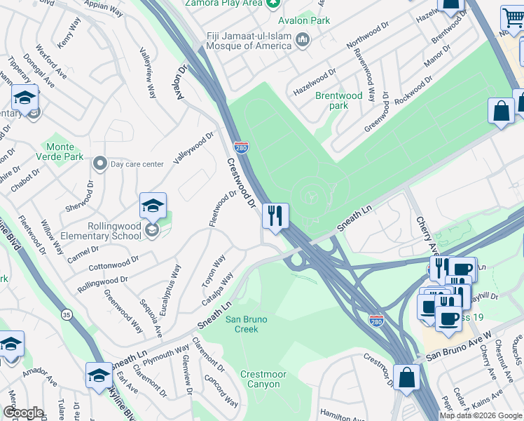 map of restaurants, bars, coffee shops, grocery stores, and more near 1480 Crestwood Drive in San Bruno