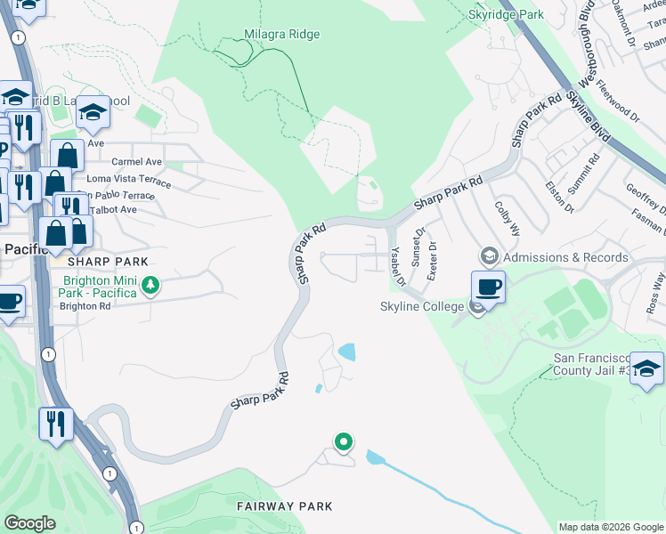 map of restaurants, bars, coffee shops, grocery stores, and more near 102 Outlook Circle in Pacifica