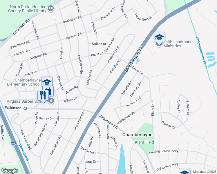 map of restaurants, bars, coffee shops, grocery stores, and more near 8200 Chamberlayne Road in Richmond