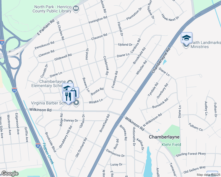 map of restaurants, bars, coffee shops, grocery stores, and more near 6310 Fredonia Road in Richmond