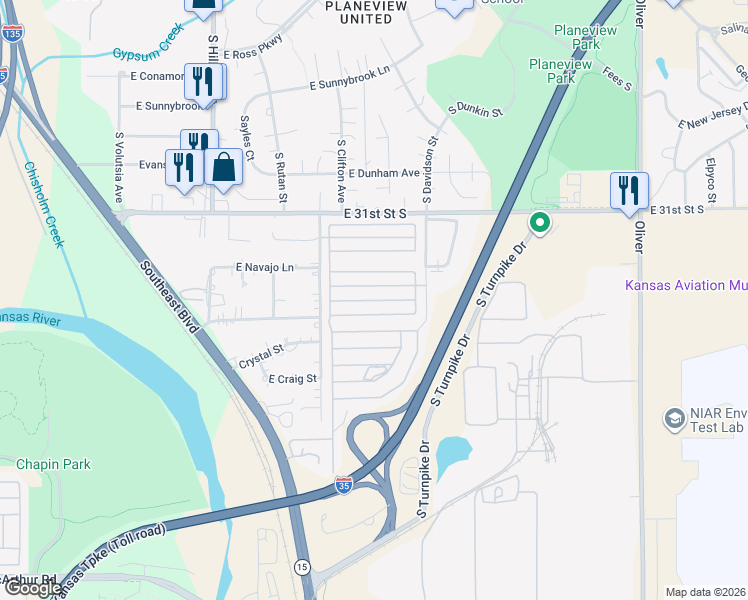 map of restaurants, bars, coffee shops, grocery stores, and more near 3232 South Clifton Avenue in Wichita