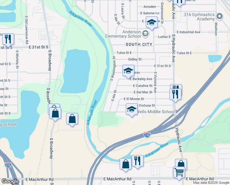 map of restaurants, bars, coffee shops, grocery stores, and more near 3402 Washington South in Wichita