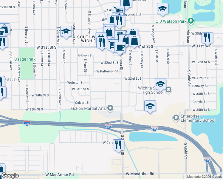 map of restaurants, bars, coffee shops, grocery stores, and more near 1218 West 34th Street South in Wichita