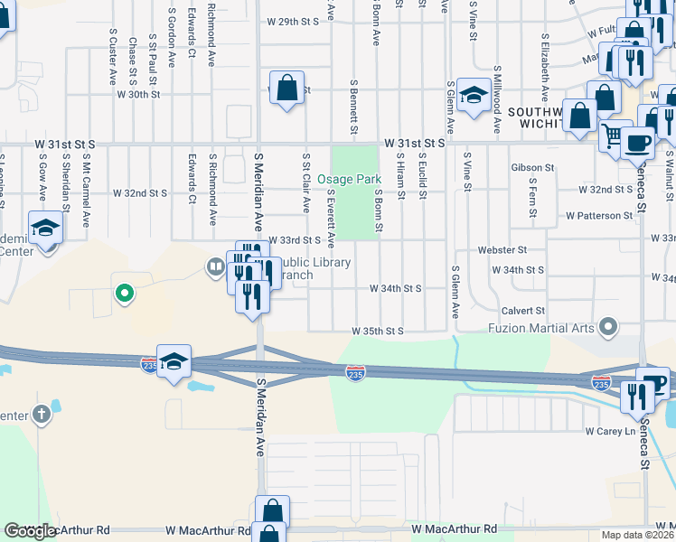 map of restaurants, bars, coffee shops, grocery stores, and more near 3445 Bennett Street in Wichita