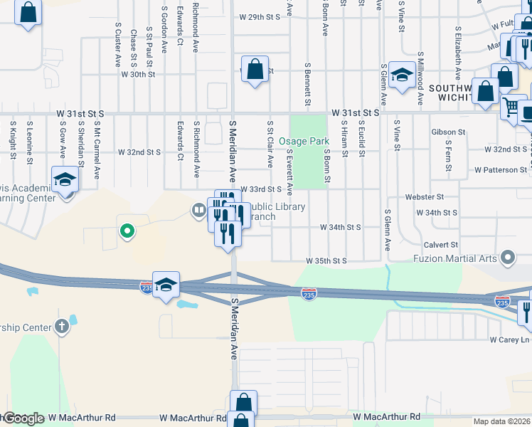map of restaurants, bars, coffee shops, grocery stores, and more near 3449 S St Clair St in Wichita