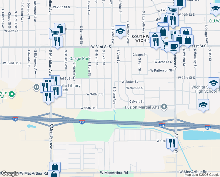 map of restaurants, bars, coffee shops, grocery stores, and more near 3443 South Glenn Avenue in Wichita