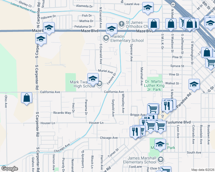 map of restaurants, bars, coffee shops, grocery stores, and more near 640 Lenore Drive in Modesto