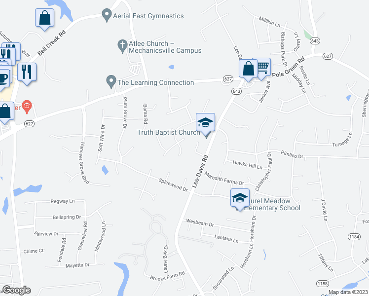 map of restaurants, bars, coffee shops, grocery stores, and more near 8290 Wetherden Drive in Mechanicsville