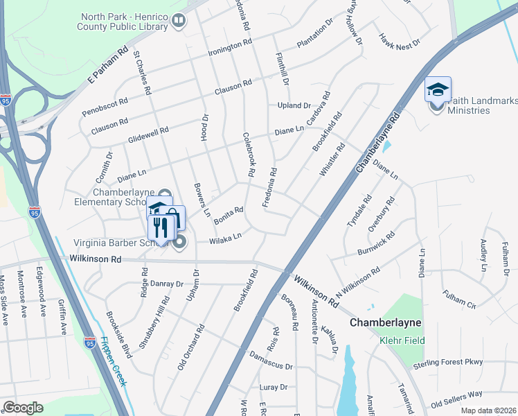 map of restaurants, bars, coffee shops, grocery stores, and more near 6310 Fredonia Road in Richmond