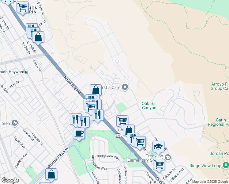 map of restaurants, bars, coffee shops, grocery stores, and more near 29581 Highgate Drive in Hayward