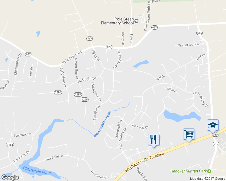 map of restaurants, bars, coffee shops, grocery stores, and more near 8292 Tarragon Drive in Mechanicsville