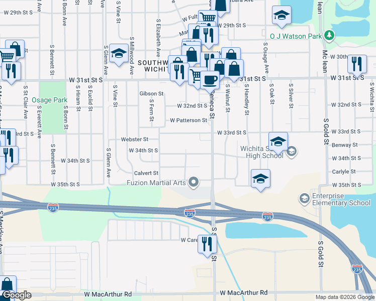 map of restaurants, bars, coffee shops, grocery stores, and more near 1218 West 34th Street South in Wichita