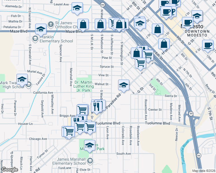map of restaurants, bars, coffee shops, grocery stores, and more near 209 Walnut Street in Modesto