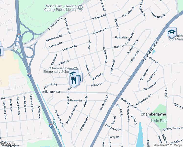 map of restaurants, bars, coffee shops, grocery stores, and more near 913 Dirk Drive in Richmond
