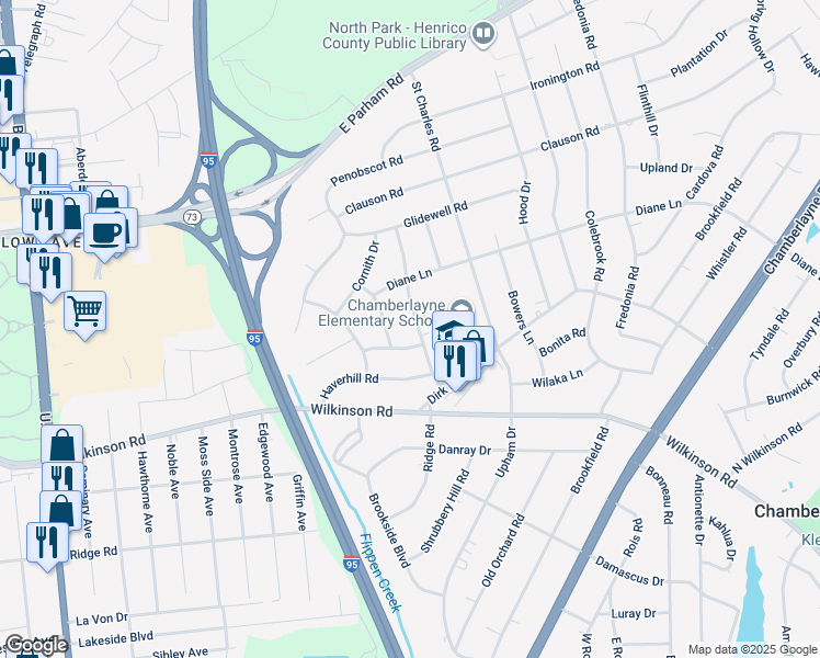 map of restaurants, bars, coffee shops, grocery stores, and more near 8202 Tarkington Drive in Richmond
