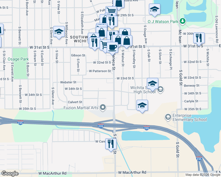 map of restaurants, bars, coffee shops, grocery stores, and more near 3449 South Seneca Street in Wichita