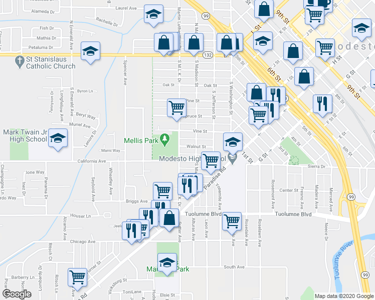 map of restaurants, bars, coffee shops, grocery stores, and more near 313 Walnut Street in Modesto