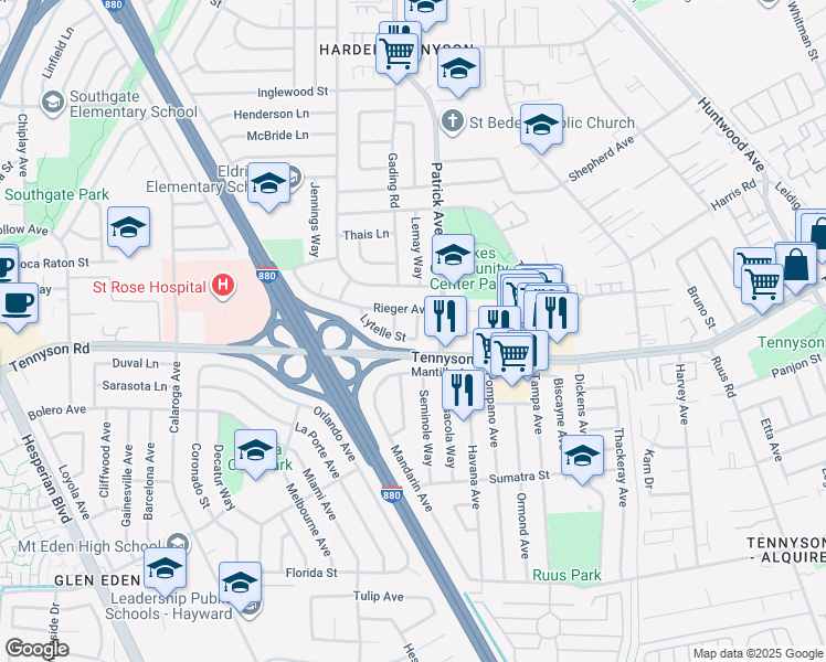 map of restaurants, bars, coffee shops, grocery stores, and more near 1361 Lytelle Street in Hayward