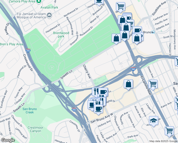 map of restaurants, bars, coffee shops, grocery stores, and more near 1126 Cherry Avenue in San Bruno