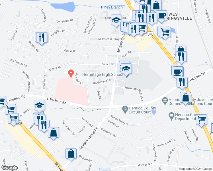 map of restaurants, bars, coffee shops, grocery stores, and more near 7522 Hudgins Road in Henrico