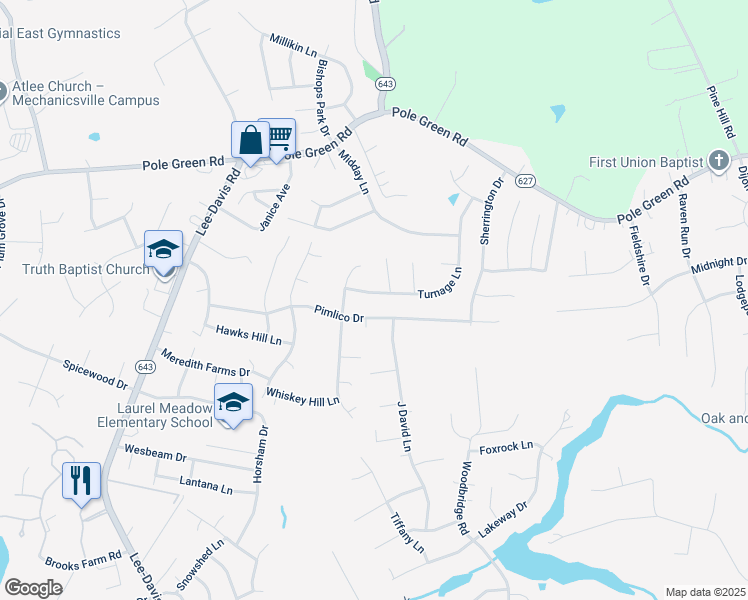 map of restaurants, bars, coffee shops, grocery stores, and more near 6921 Turnage Lane in Mechanicsville