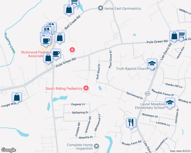 map of restaurants, bars, coffee shops, grocery stores, and more near 8287 Soft Wind Drive in Mechanicsville