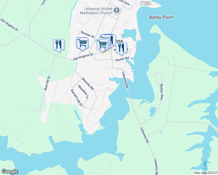 map of restaurants, bars, coffee shops, grocery stores, and more near 95 Nimcock Road in Urbanna