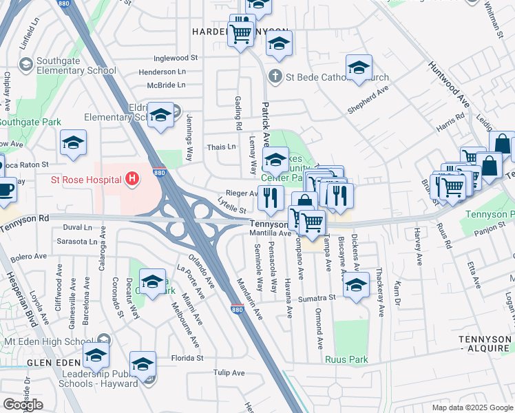 map of restaurants, bars, coffee shops, grocery stores, and more near 1361 Lytelle Street in Hayward